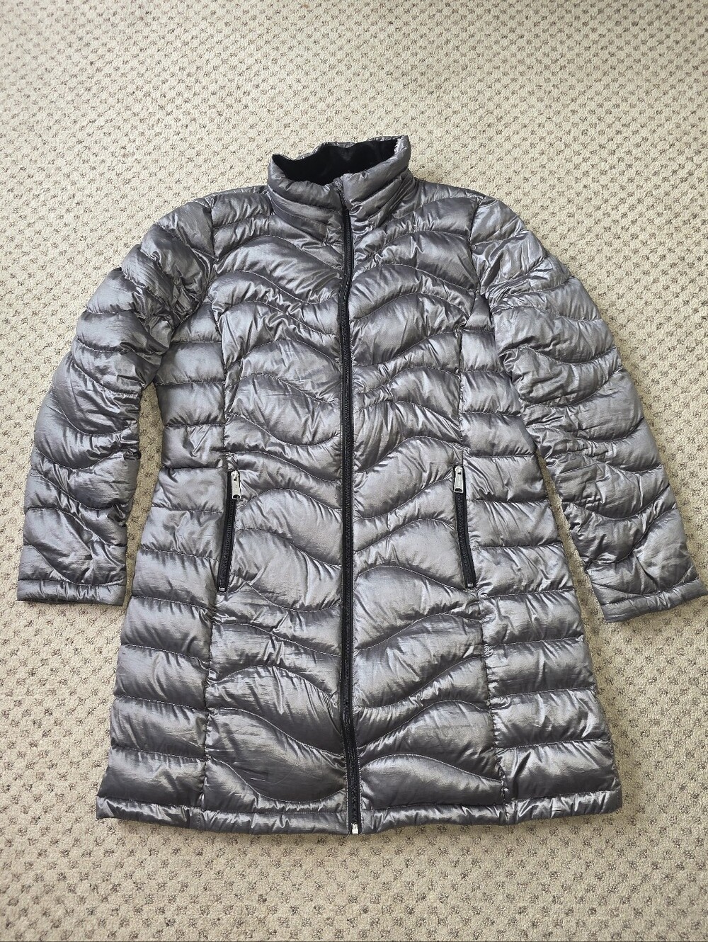 Andrew Marc Packable Lightweight Premium Down Silver Quilted Long Puffer Coat